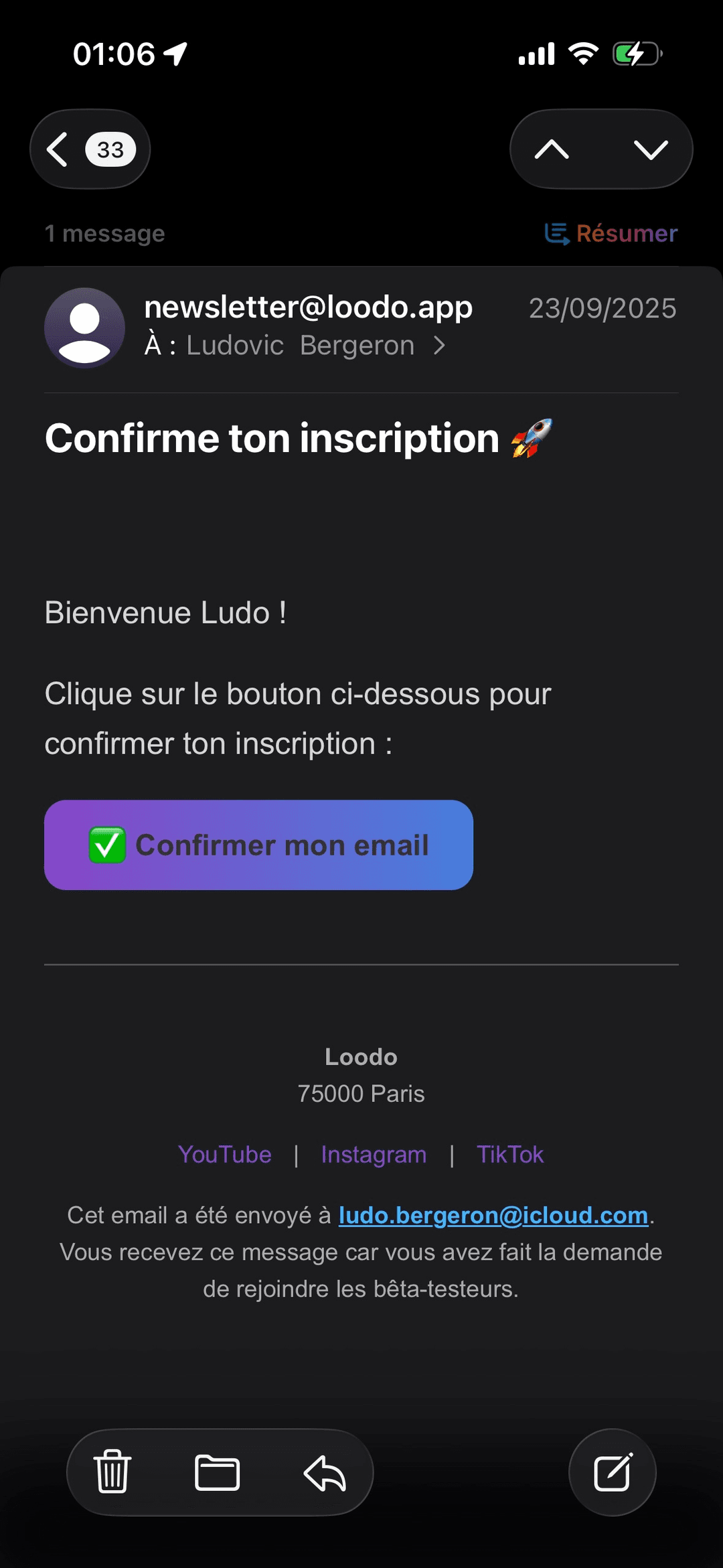 Confirmation du mail